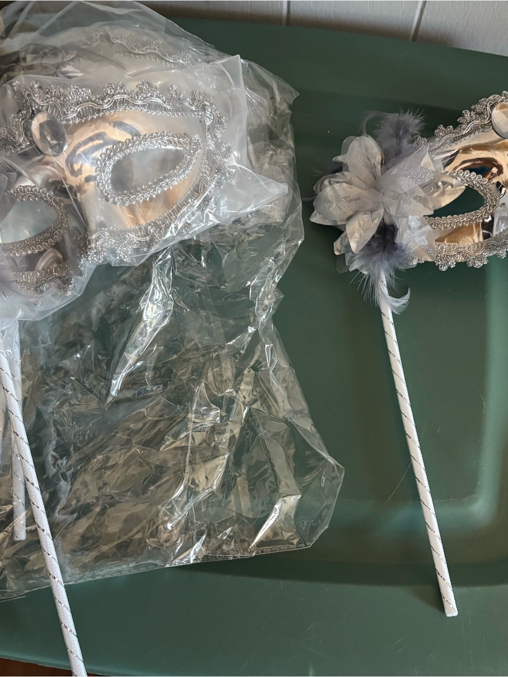 5 Silver Masquerade Mask on Stick - Elegant Party Accessory